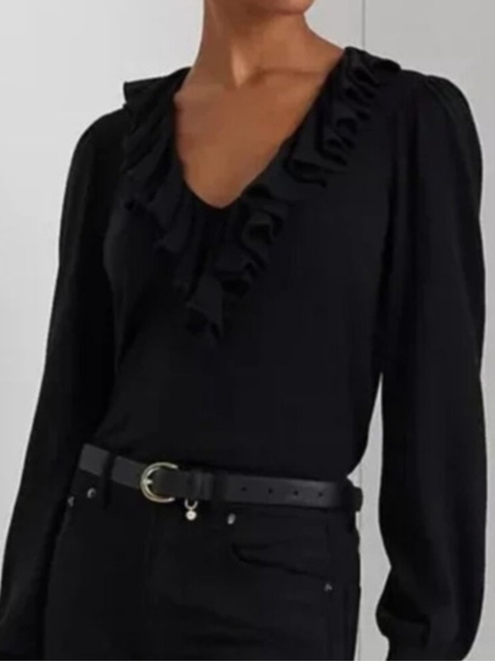 Ralph Lauren Black Ruffle V-Neck Long Sleeve Blouse